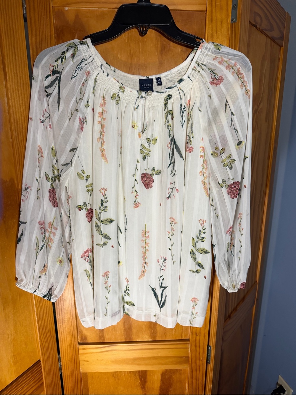 Kaari Blue Cream Floral Peasant Blouse w/ Accents, Boho | Size M